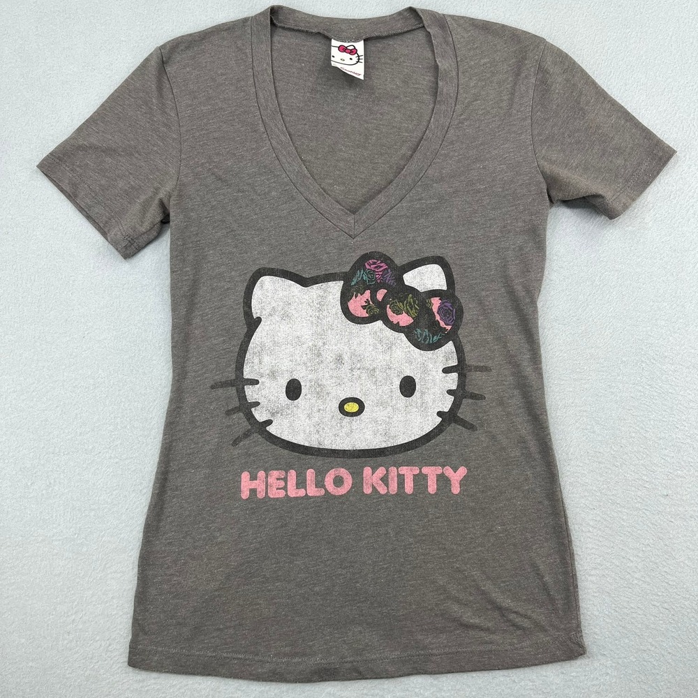 Sanrio Hello Kitty Graphic V-Neck T-Shirt Charcoal Gray Floral Bow Womens‎ XS
